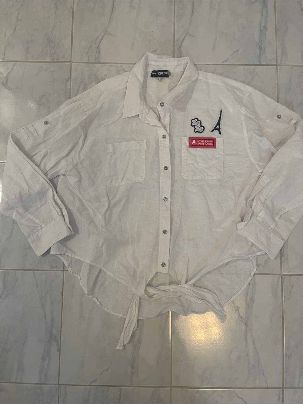Karl Lagerfeld White Button-Front Tie-Hem Shirt with Embroidery. Linen!  EUC!